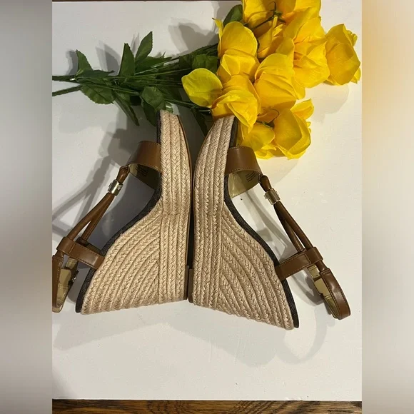 Michael Kors Women’s Brown Leather Espadrille Wedge Heels - Picture 2 of 5